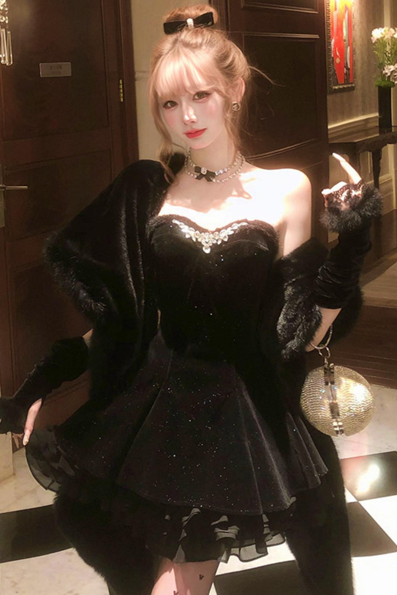 French off-the-shoulder dress + shawl + sleeves