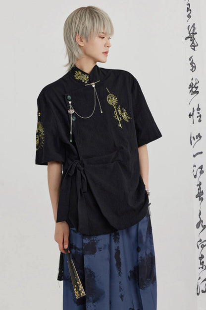 Black and Gold Oriental Ribbon Shirt + Chinese Wide-Leg Pants
