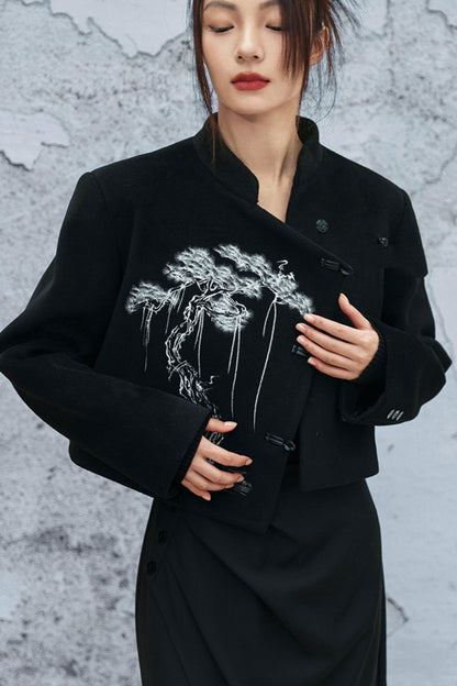 ブラックエンブロイダードウールンコート