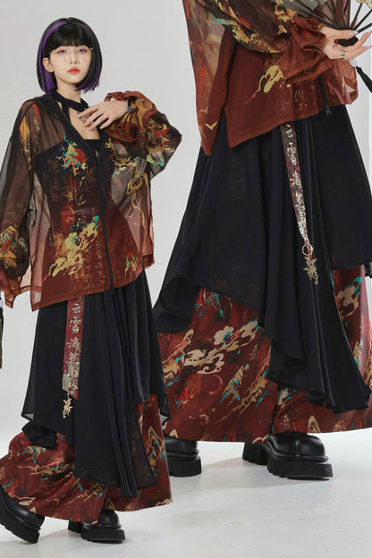 Gold Dragon Embroidered Choker Top (with Cups) + Chinese-Style Wide-Leg Pants