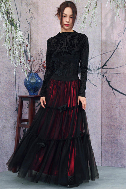 Schwarzes florales transparentes Rüschen-Oberteil im dunklen Mode-Stil