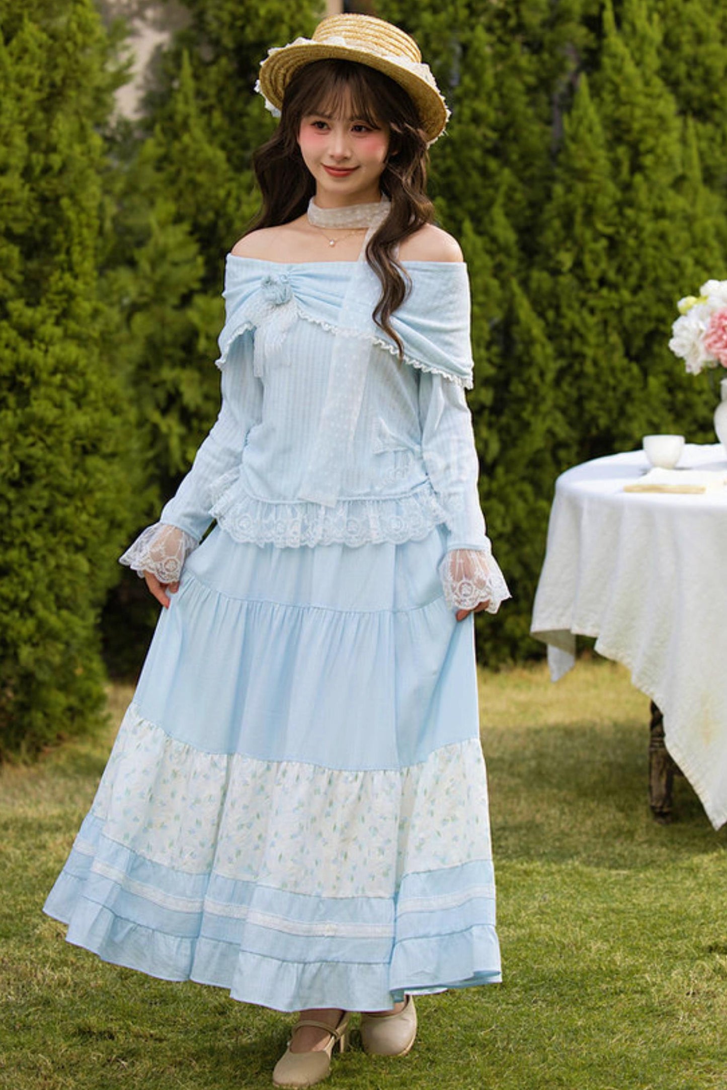 レースパッチワークオフショルダートップス+ロングスカート