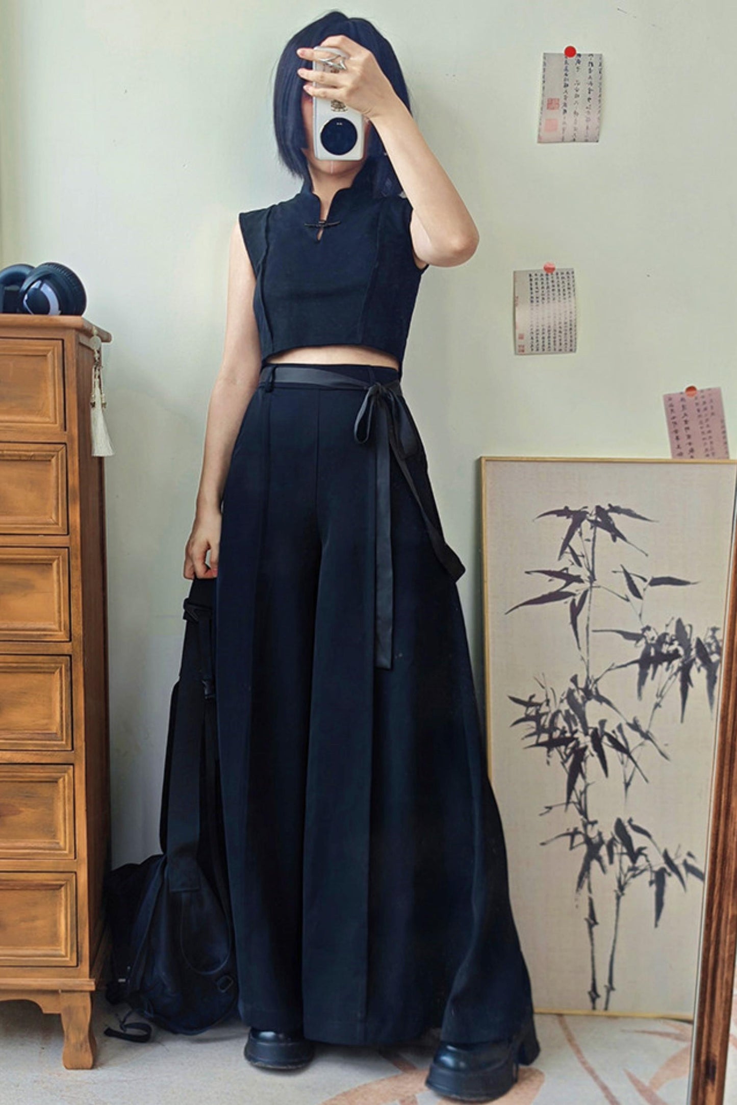 [Pre-order] Black/Beige/Gray Cyber Chinese-Style Wide-Leg Pants