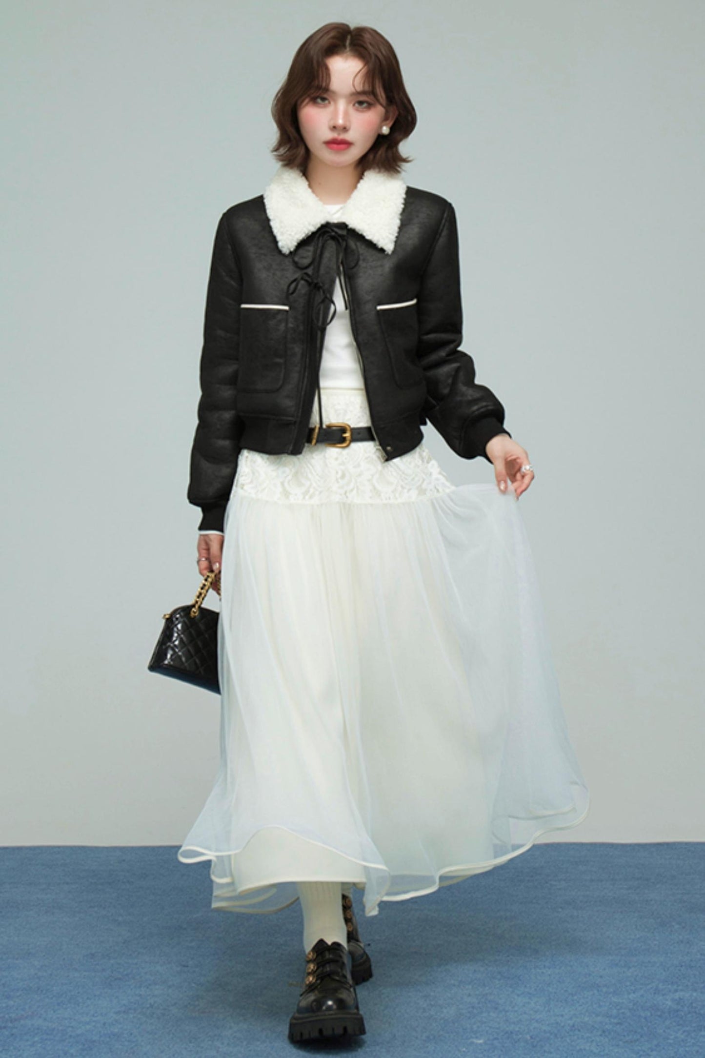 カラーブロックドシアリングコート