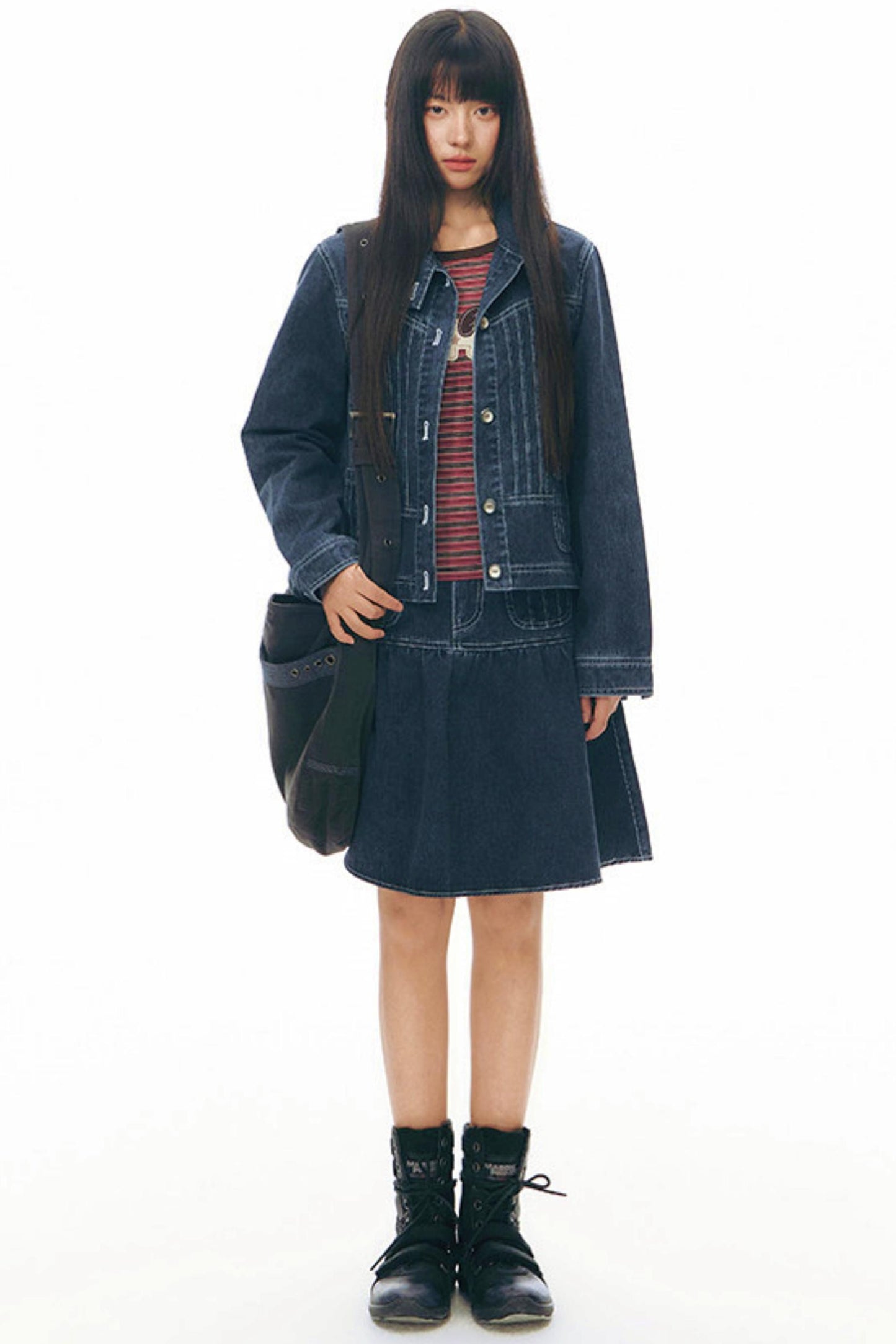 Pleated Denim A-Line Skirt