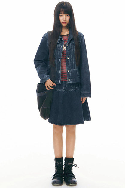 Pleated Denim A-Line Skirt