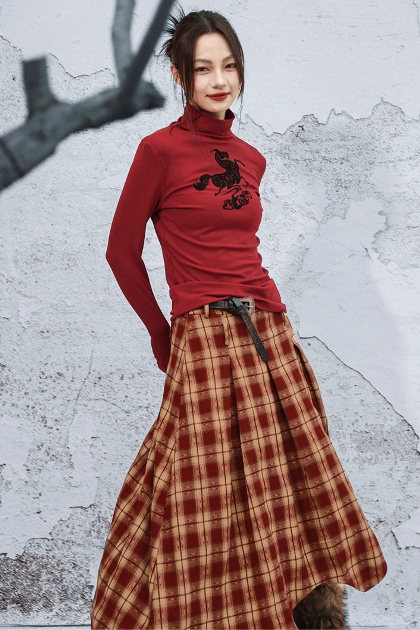 ダブルウエスティッドプラッドスカート