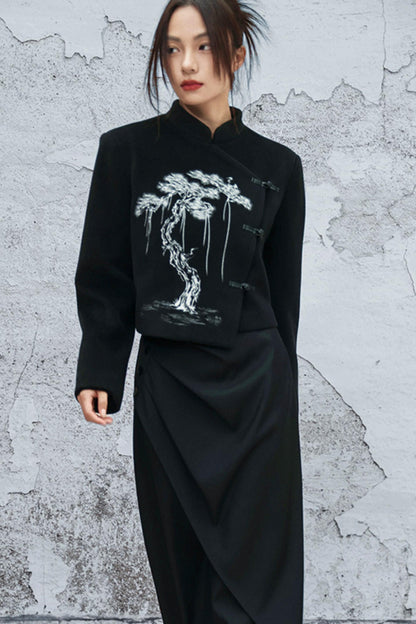 ブラックエンブロイダードウールンコート