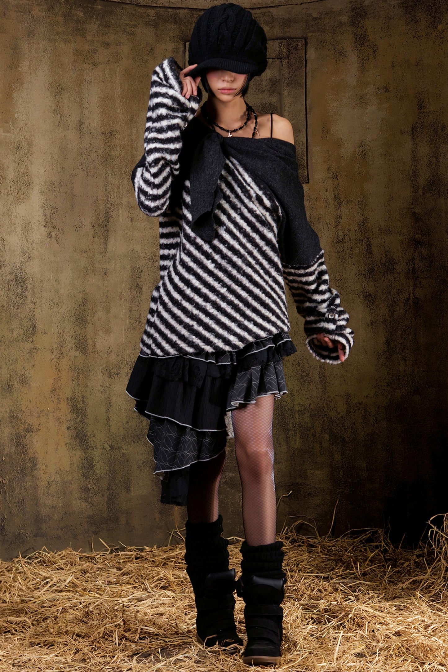 カラーブロックドストライプドニットセーター