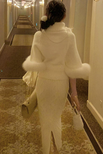 Fox Fur Trim Cape Sweater + Twisted Knit Bodycon Skirt