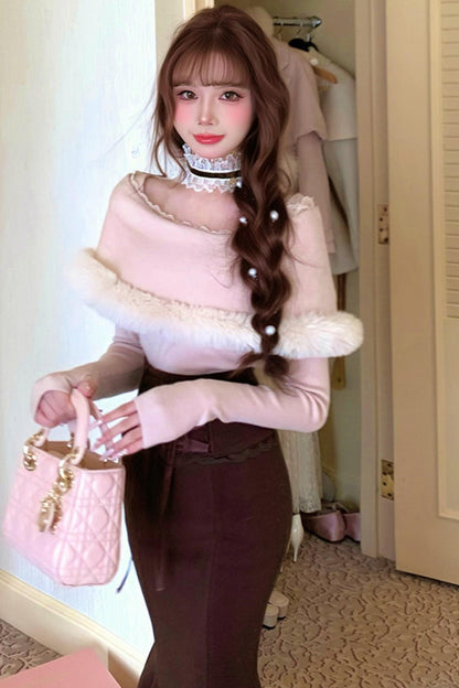 Elegant off-the-shoulder knit + mermaid skirt