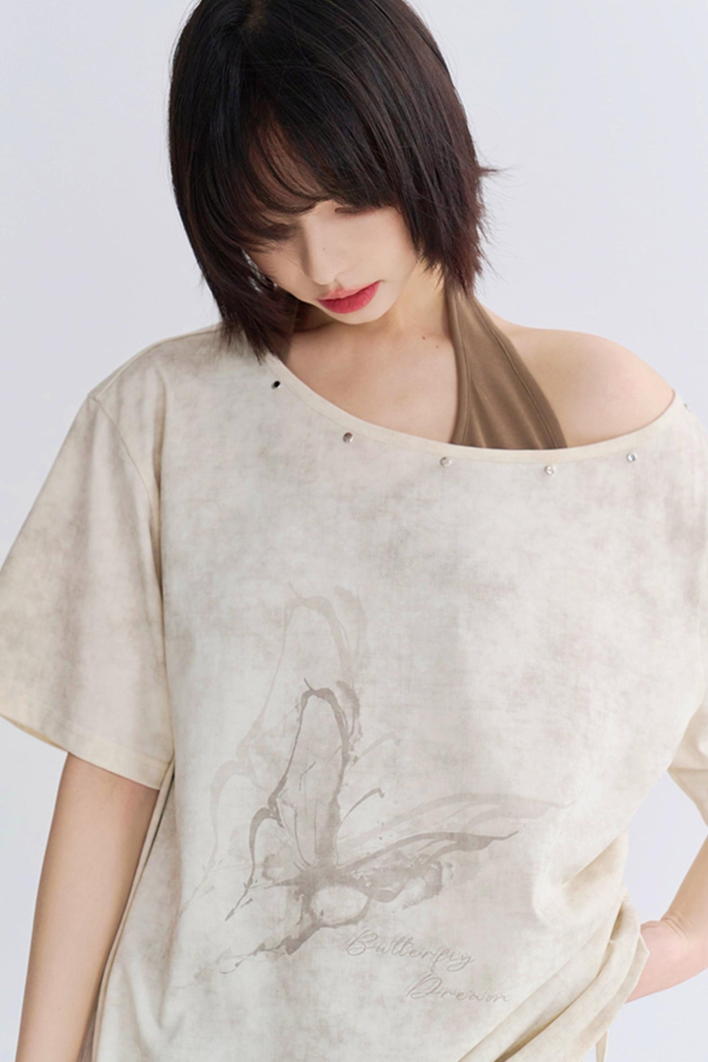 Wide Neck Butterfly Print Tee Shirt
