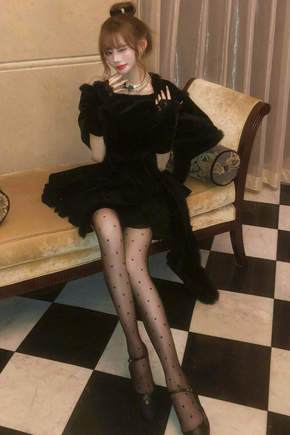 French off-the-shoulder dress + shawl + sleeves