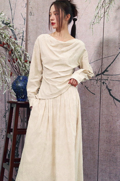 Ensemble élégant haut ample drapé en jacquard blanc cassé + jupe