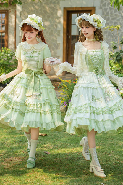 Green Embroidered Lolita One-Piece Dress + Cardigan + Hat + Belt + Accessories