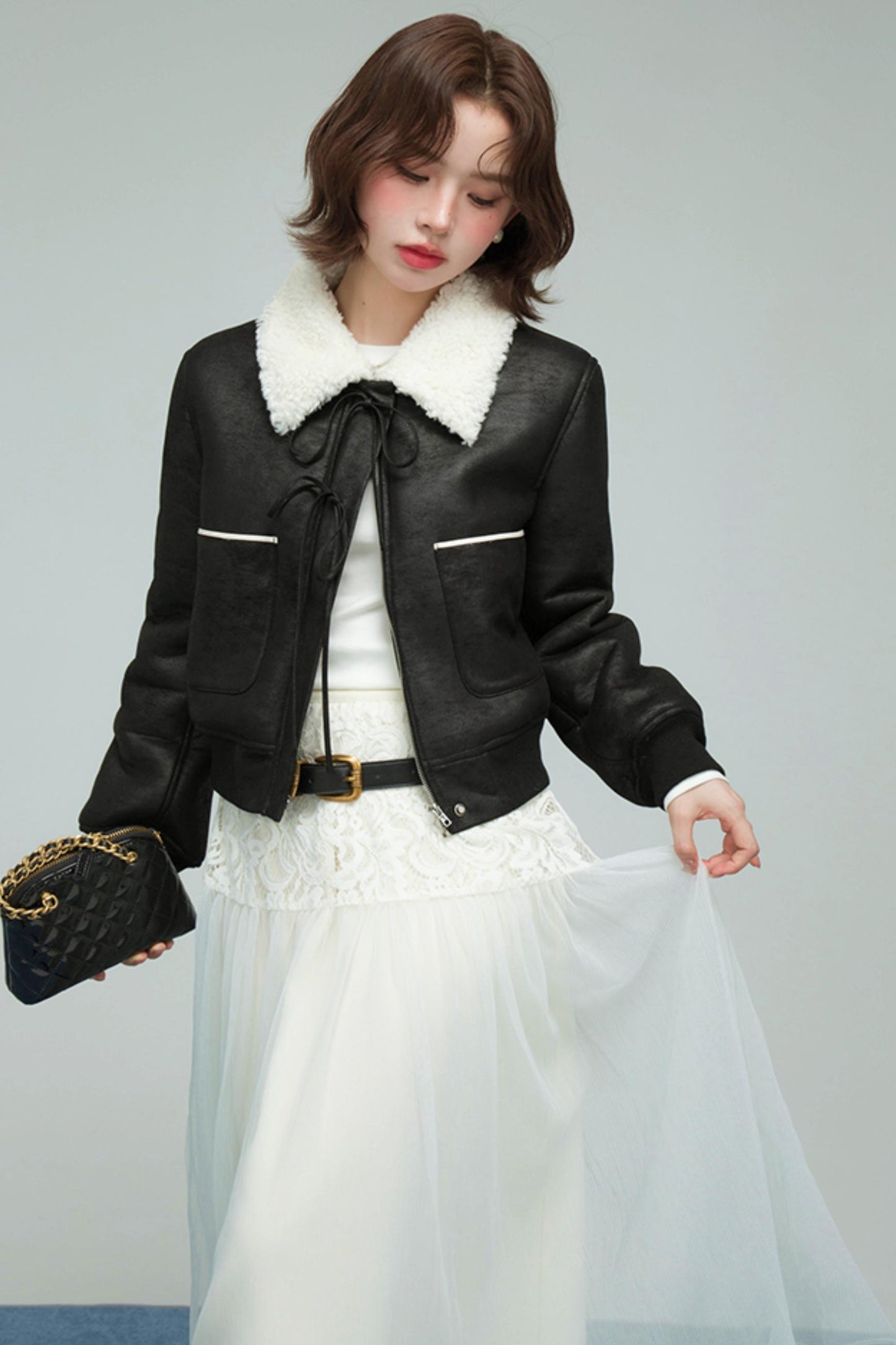 カラーブロックドシアリングコート