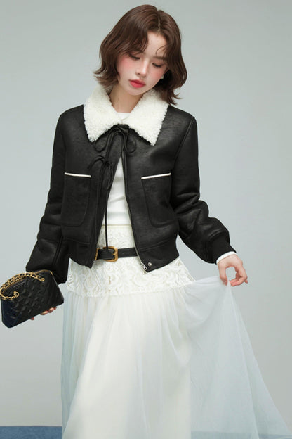 カラーブロックドシアリングコート