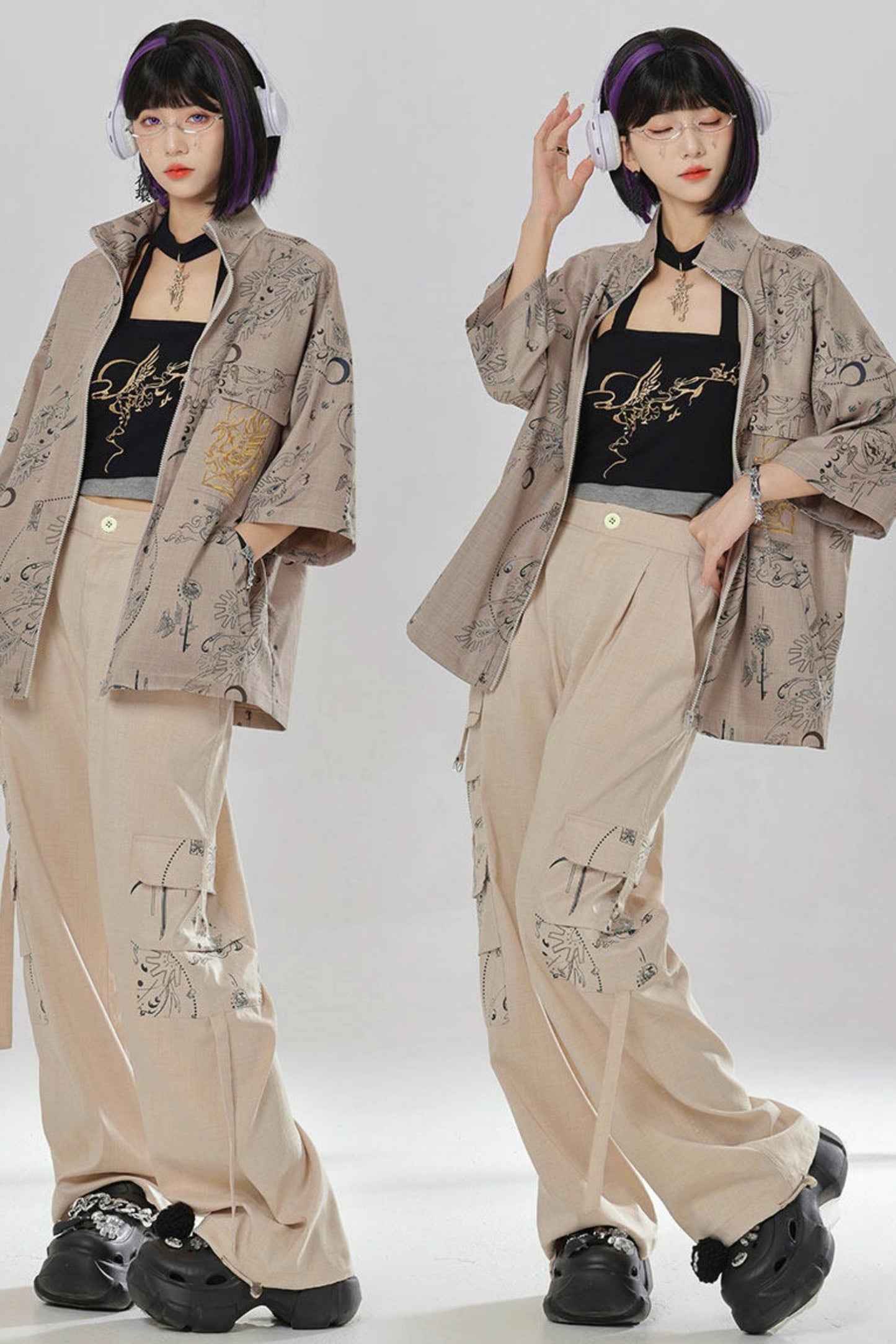 Gold Dragon Embroidered Choker Top (with Cups) + Chinese-Style Wide-Leg Pants