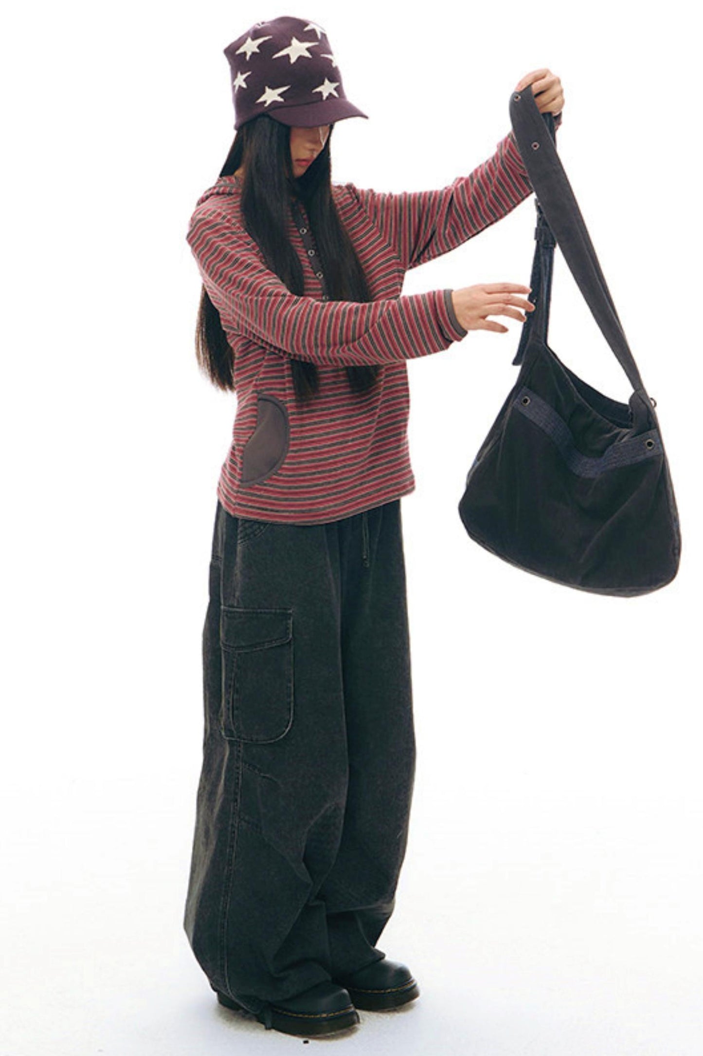 ストライプドフーデッドニットトップス