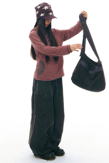 ストライプドフーデッドニットトップス