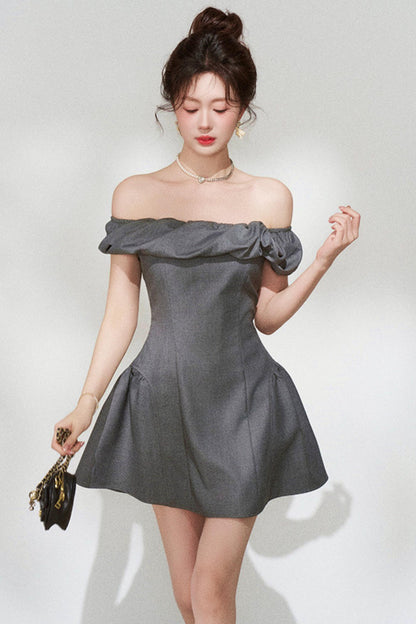 French Gray Off-Shoulder Dress