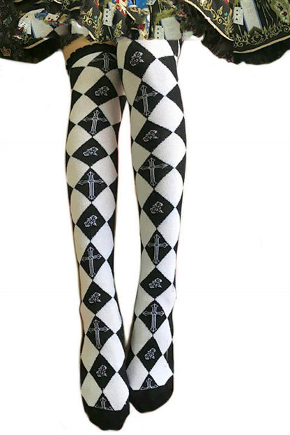 Diamond Pattern Cross Knee-High Socks