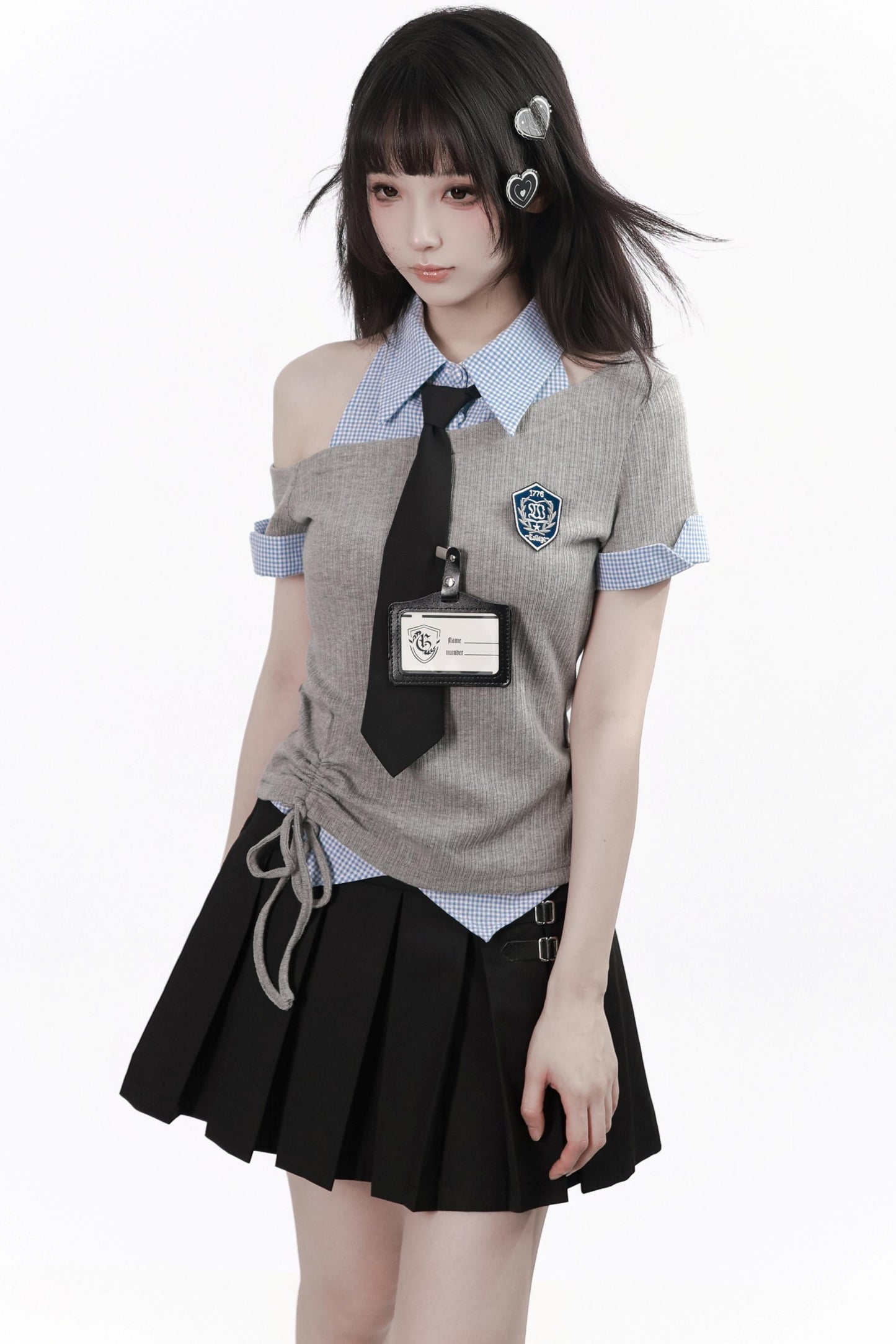 Asymmetrical School Uniform Set with Tie