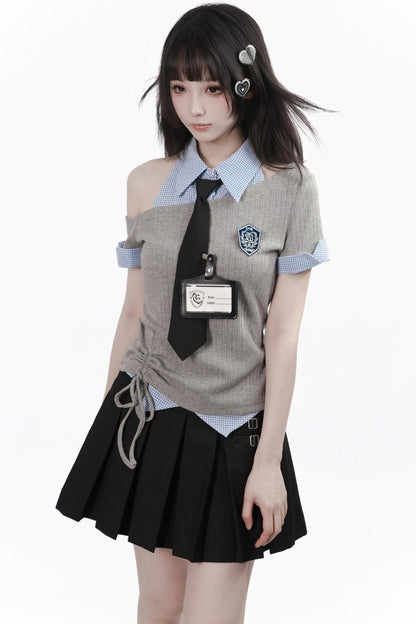 Asymmetrical School Uniform Set with Tie