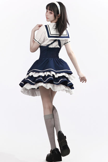 レースボウタイサスペンダードレス+スカート+シャツ