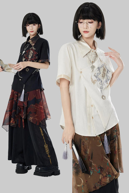 Embroidered Cotton Linen Patchwork Shirt+Pants