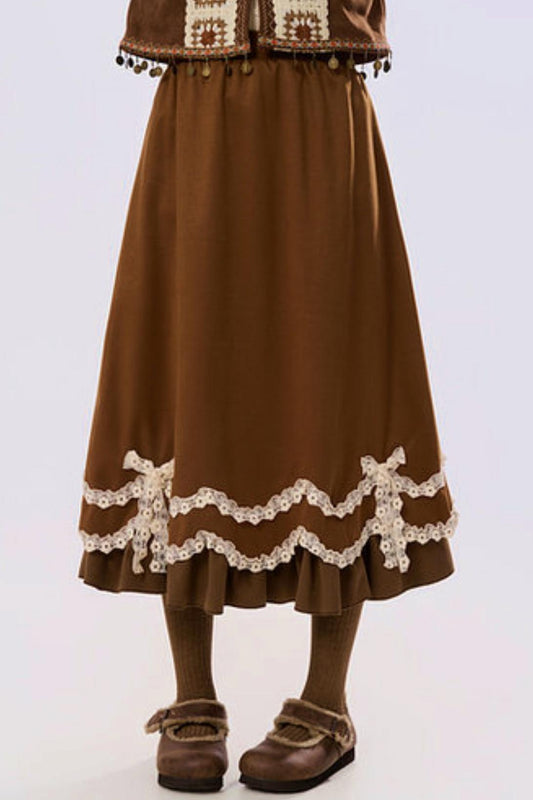 Karamellfarbener High-Waist-Rock mit Spitze