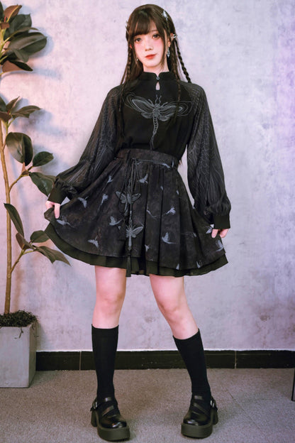 Embroidered Lantern Sleeve Top and Skirt + Top
