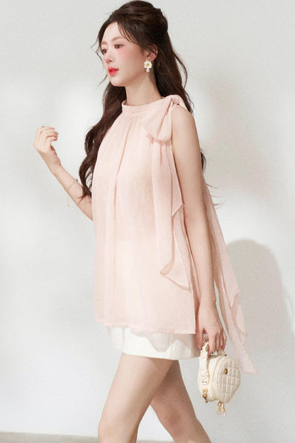 Pink Chiffon Halter Sleeveless Shirt