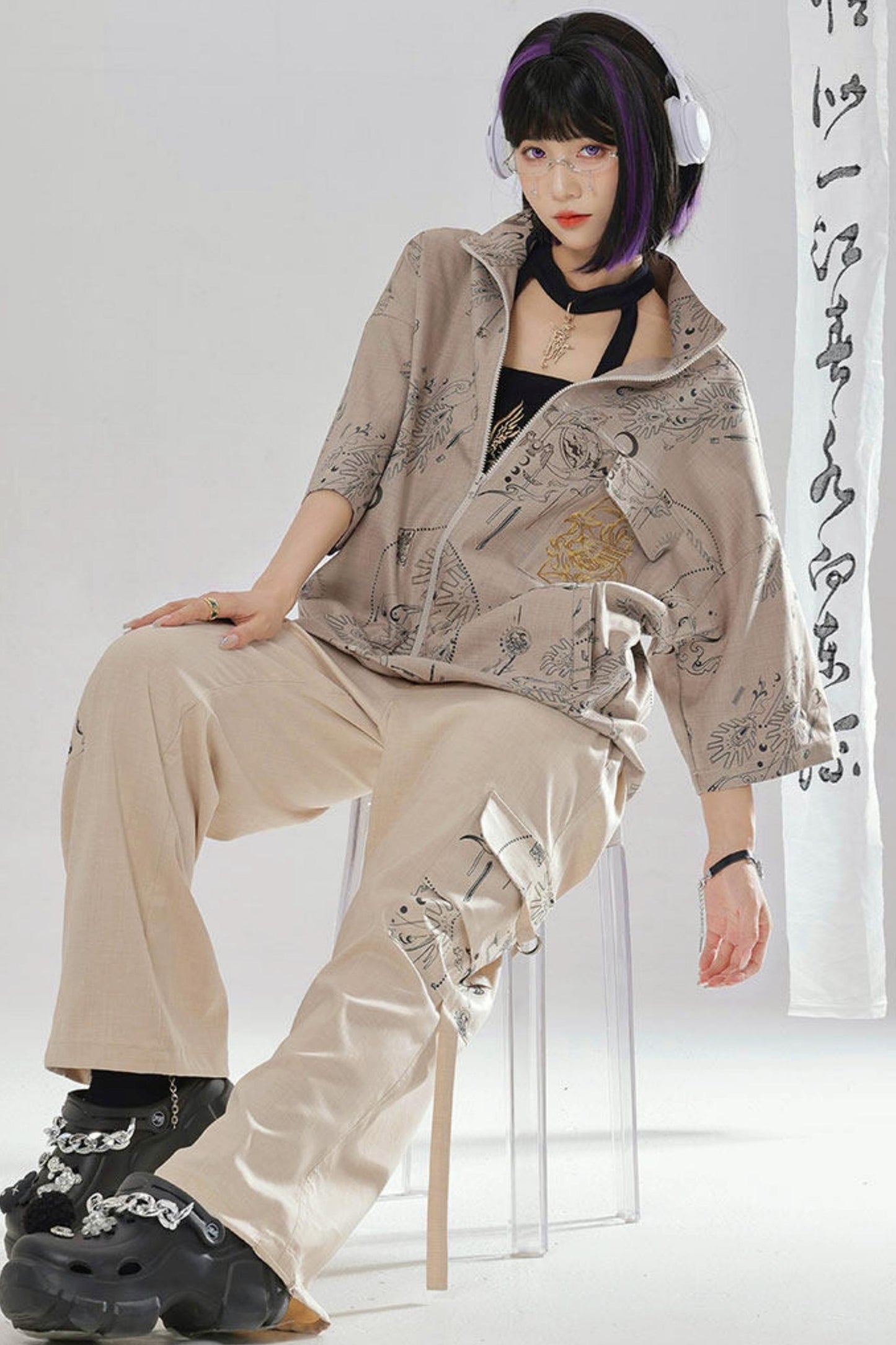 Gold Dragon Embroidered Choker Top (with Cups) + Chinese-Style Wide-Leg Pants