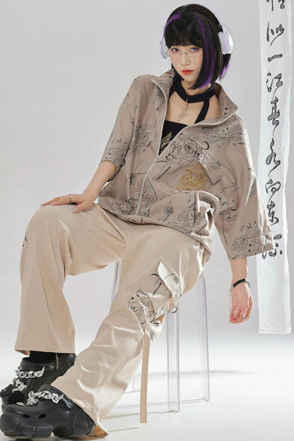Gold Dragon Embroidered Choker Top (with Cups) + Chinese-Style Wide-Leg Pants