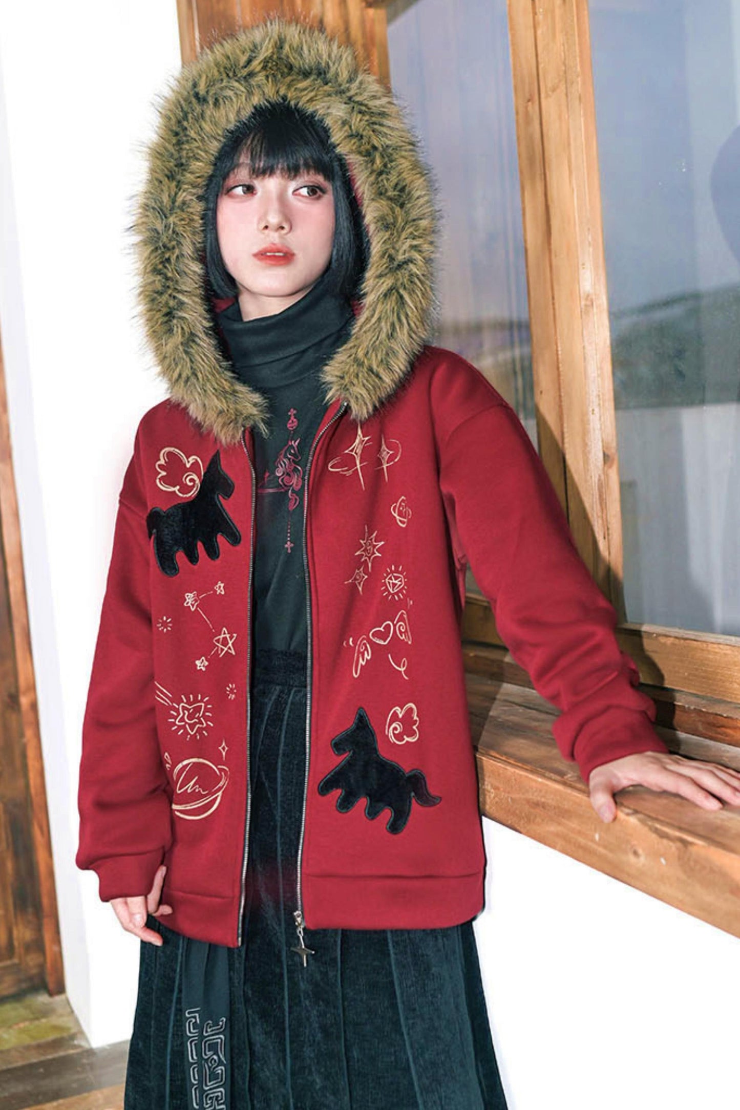 グラフィティファーカラーフーデッドフリースジャケット