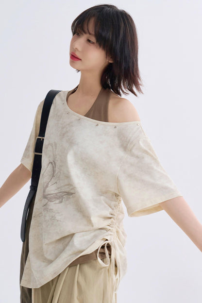 Wide Neck Butterfly Print Tee Shirt