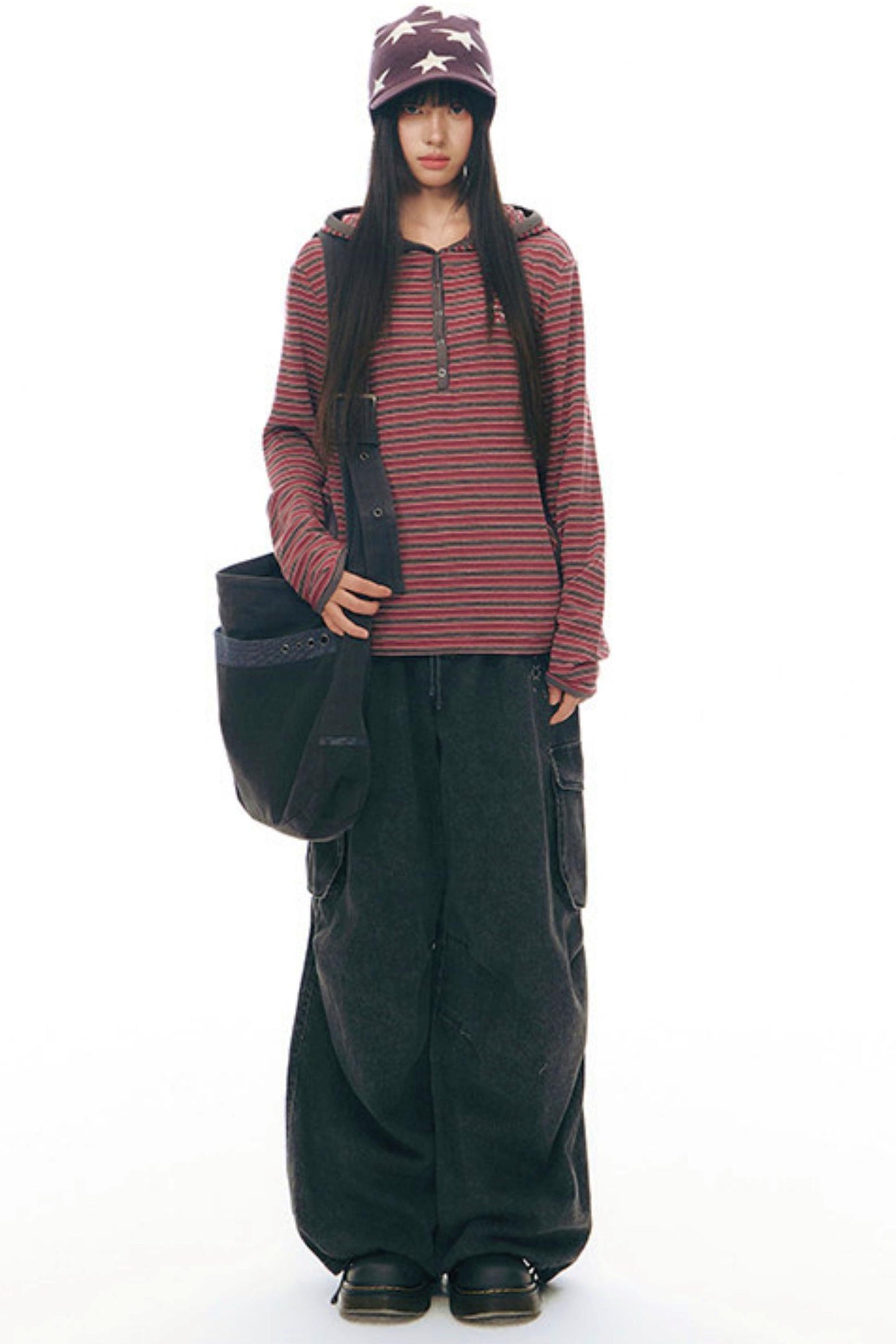 ストライプドフーデッドニットトップス