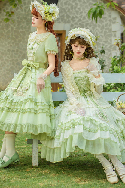 Green Embroidered Lolita One-Piece Dress + Cardigan + Hat + Belt + Accessories