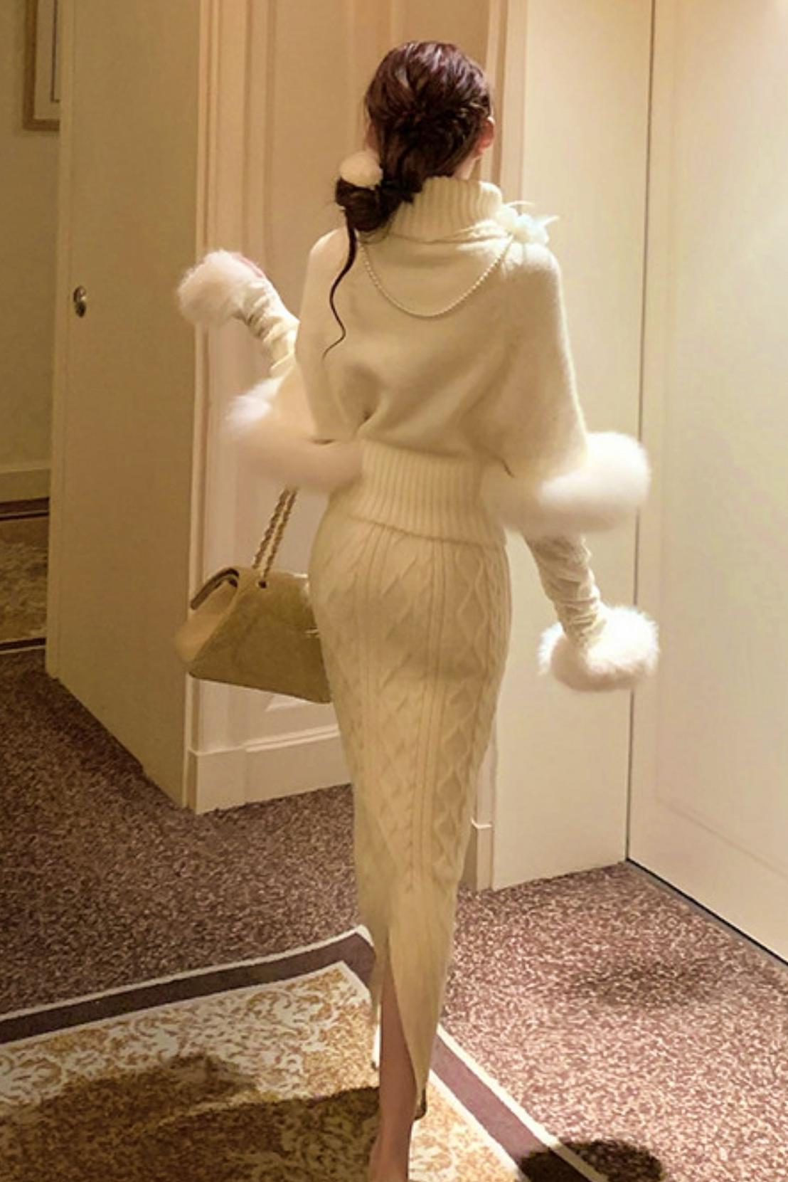 Fox Fur Trim Cape Sweater + Twisted Knit Bodycon Skirt