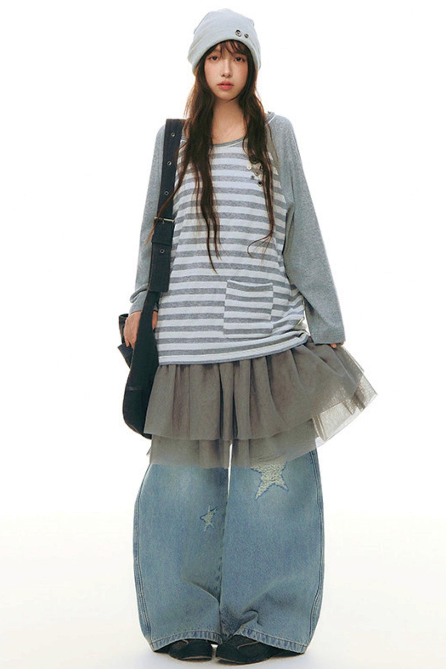 ボタンボーダーオフショルダートップス