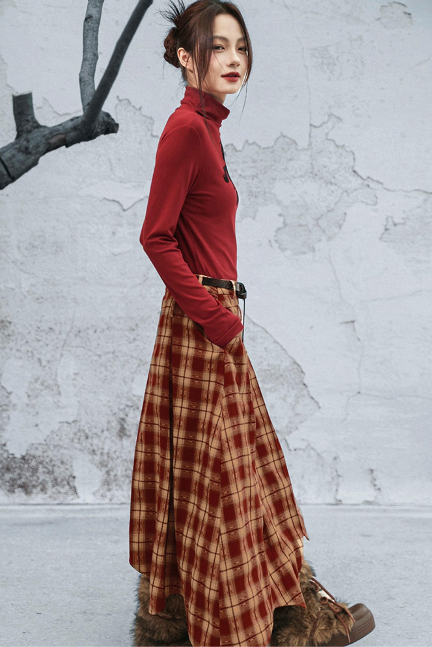 ダブルウエスティッドプラッドスカート