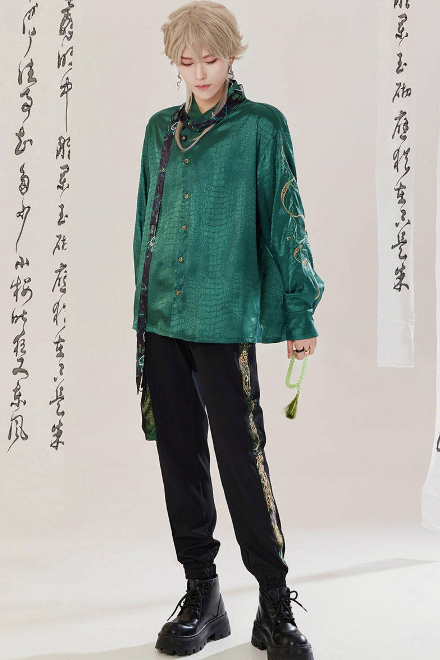 Jade Moon Dragon Embroidered Chinese Shirt + Moon Pocket Pants