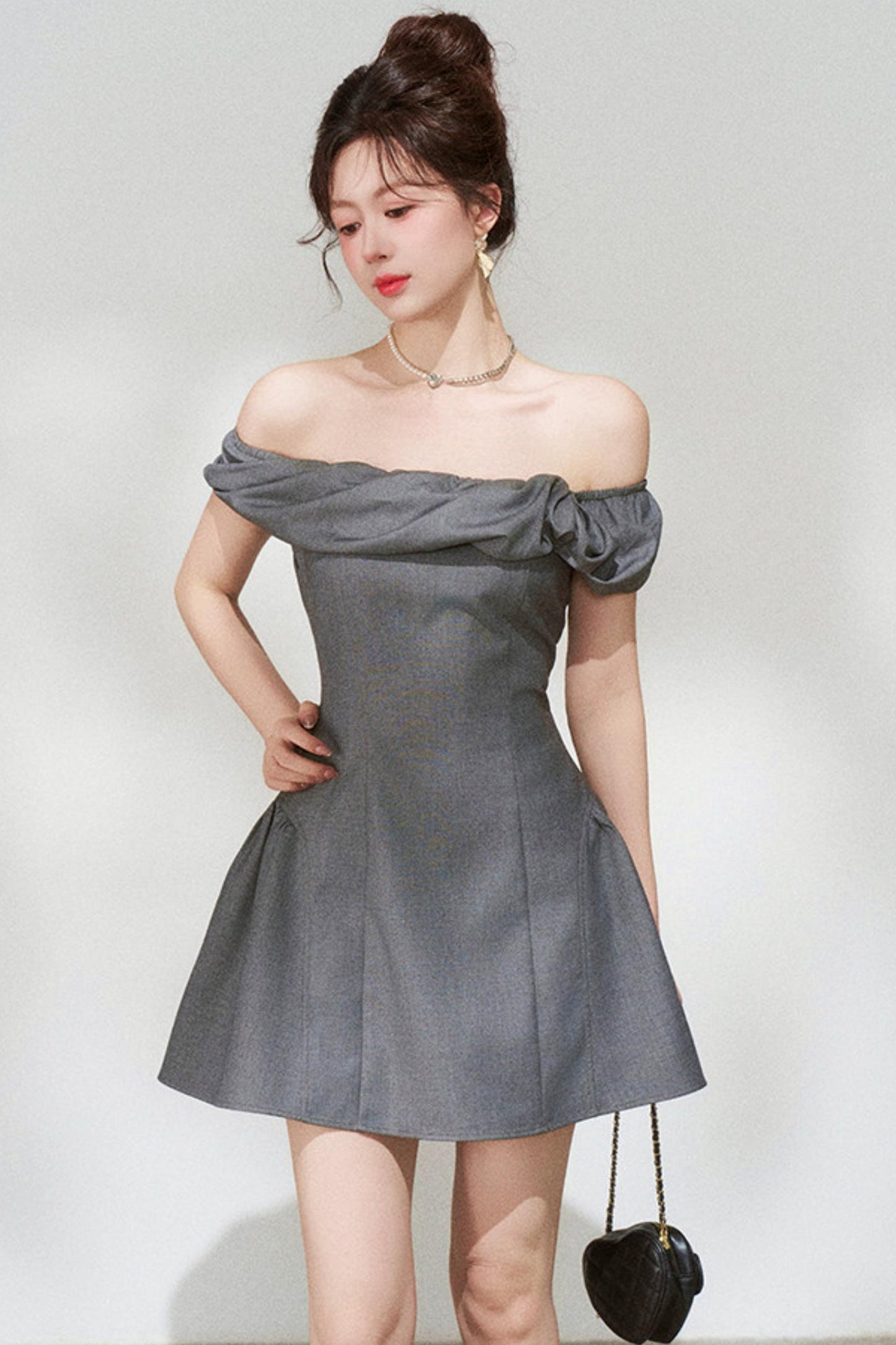 French Gray Off-Shoulder Dress