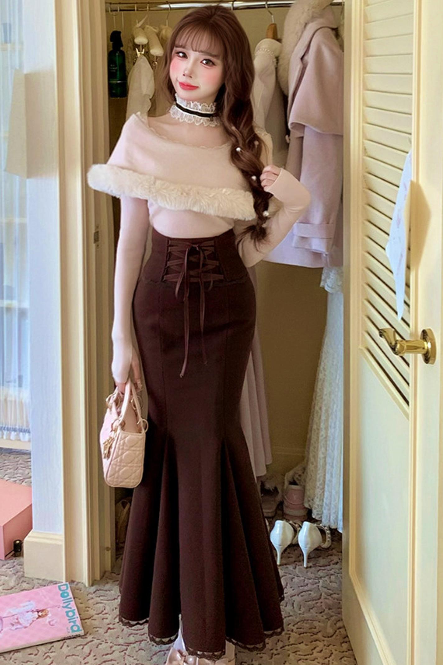 Elegant off-the-shoulder knit + mermaid skirt