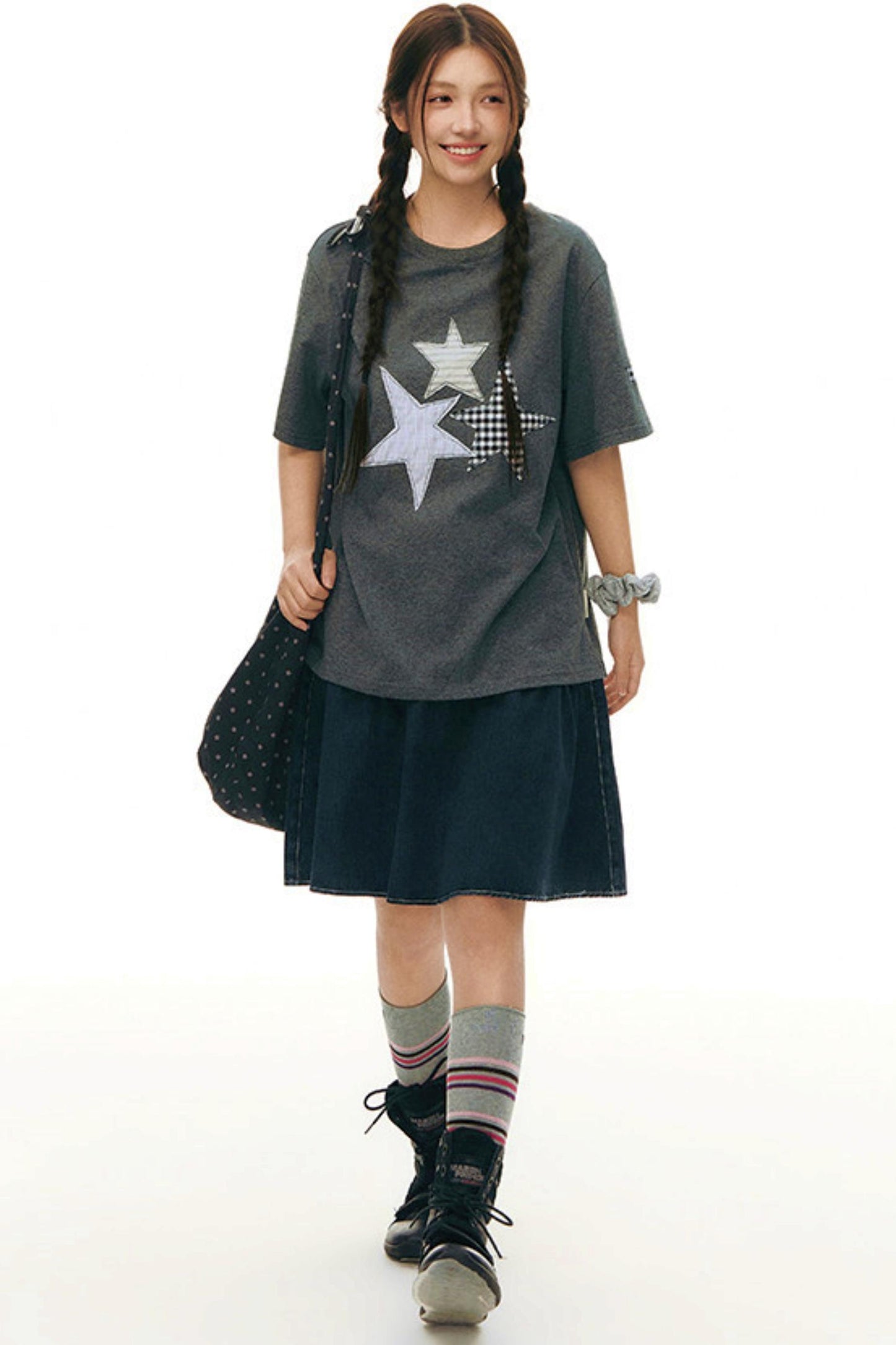 Pleated Denim A-Line Skirt