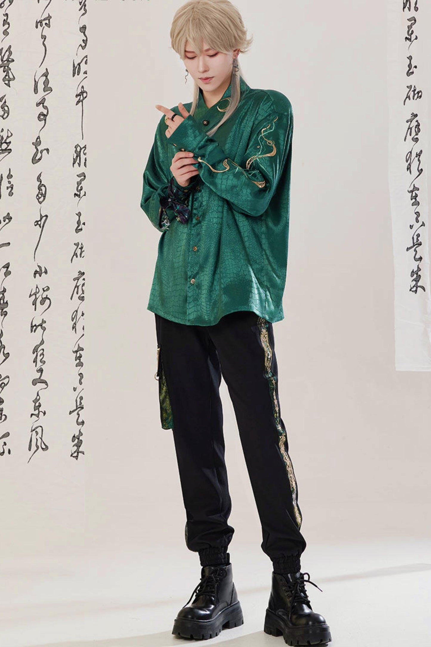 Jade Moon Dragon Embroidered Chinese Shirt + Moon Pocket Pants