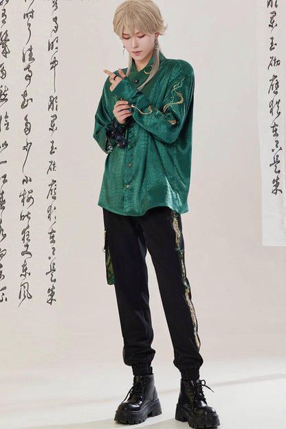 Jade Moon Dragon Embroidered Chinese Shirt + Moon Pocket Pants