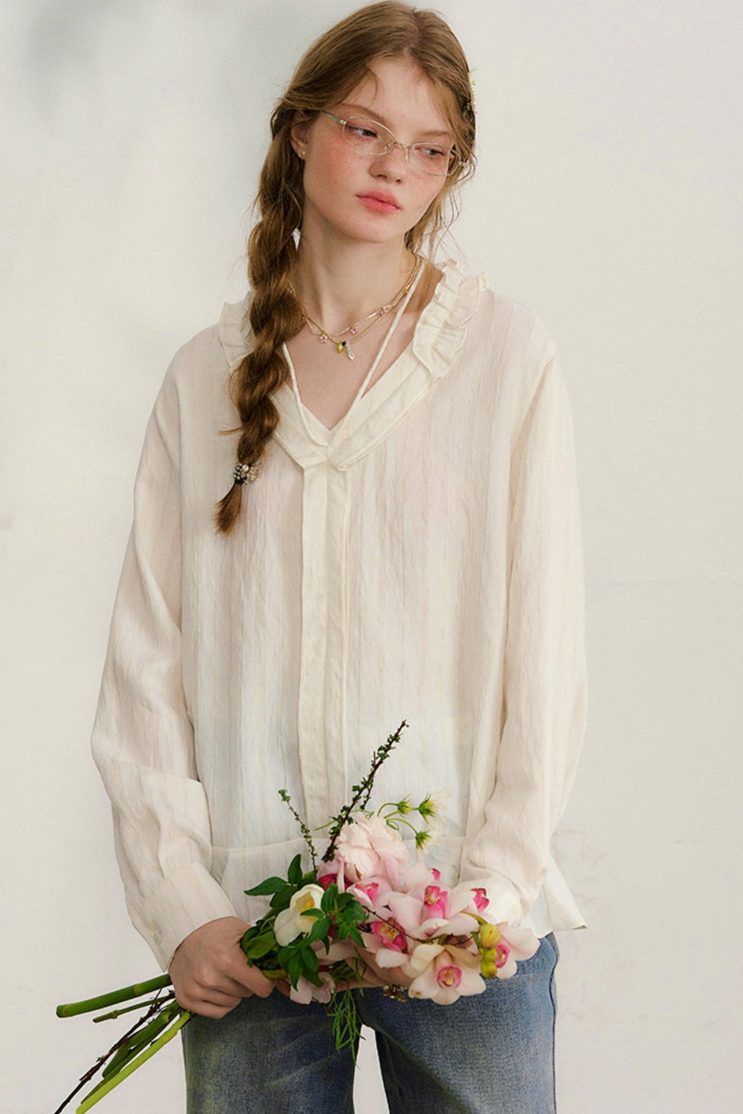 ストライプドレーススリーブブラウス