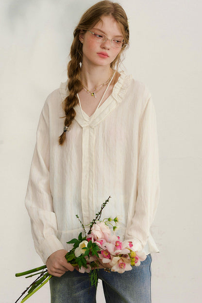 ストライプドレーススリーブブラウス